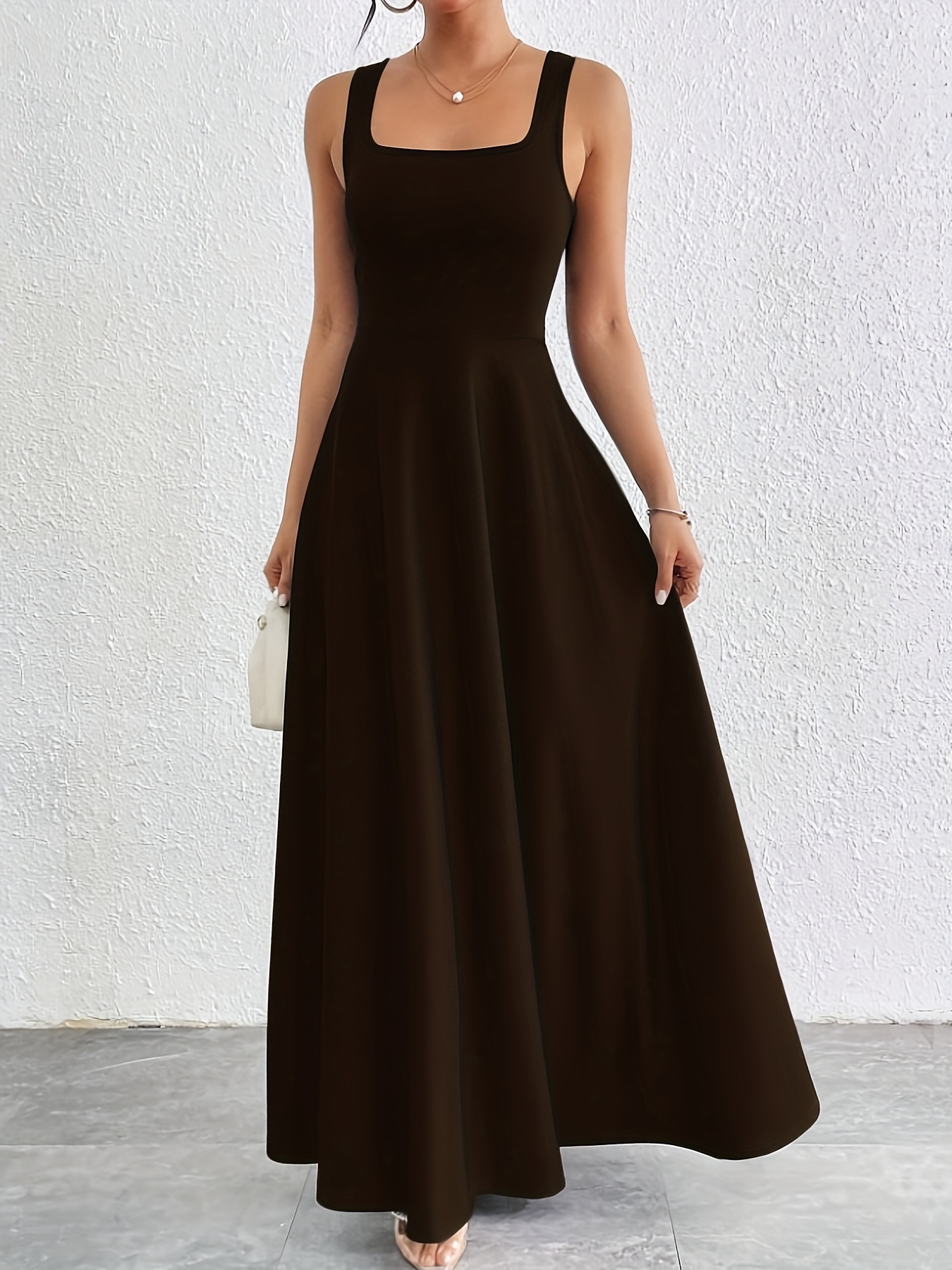 elegant brown sleeveless maxi dress women square neck flowy - Temu Bahrain