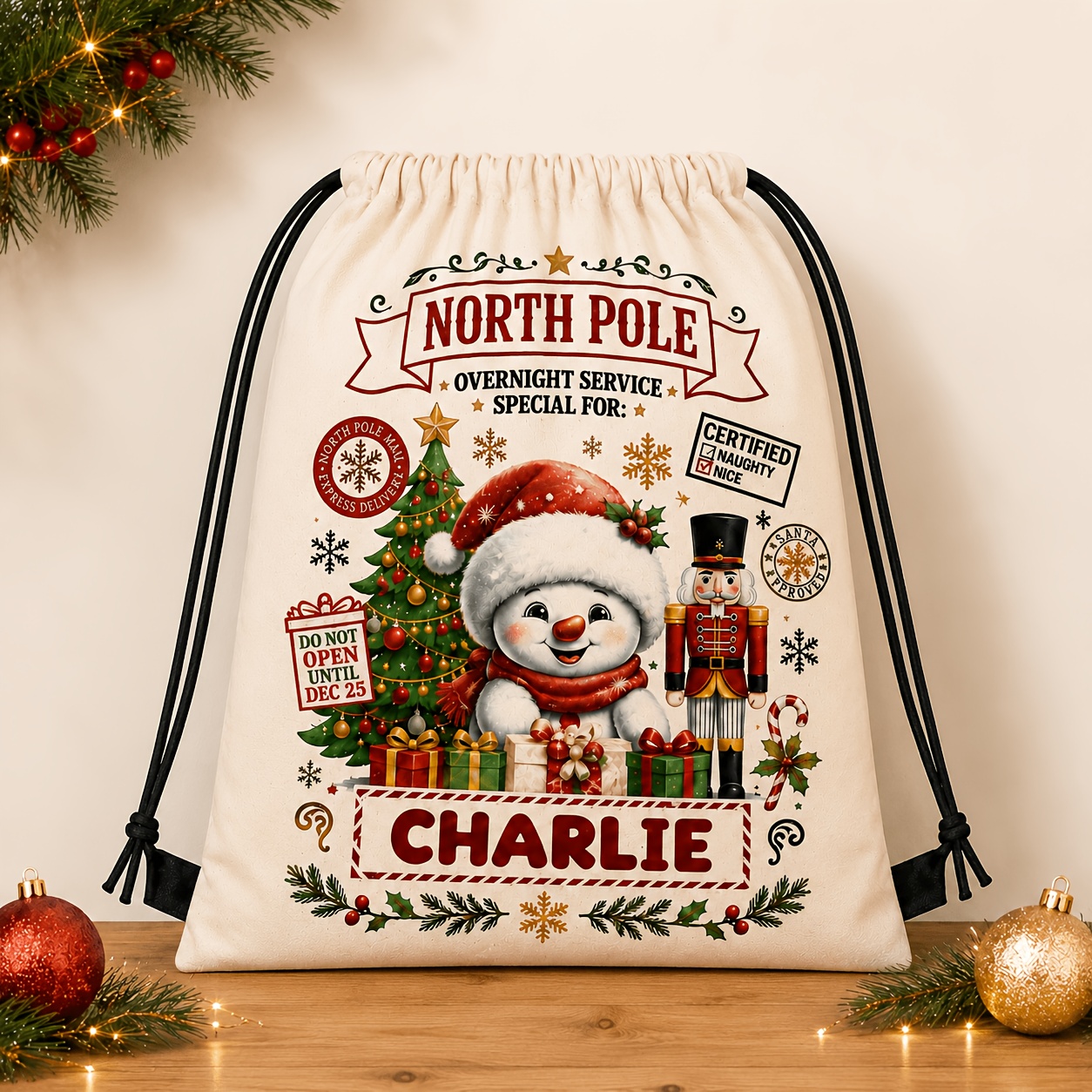 TEMU Customizable Santa Claus Drawstring Backpack, Unisex Personalized Holiday Gift Bag, Christmas Eve Gift Storage Pouch, Suitable For All Parties,