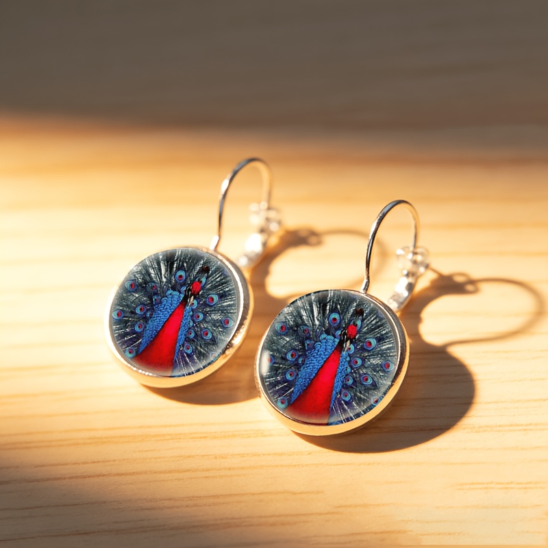 2pc Peacock Feather Round Glass-inlaid Earrings Set