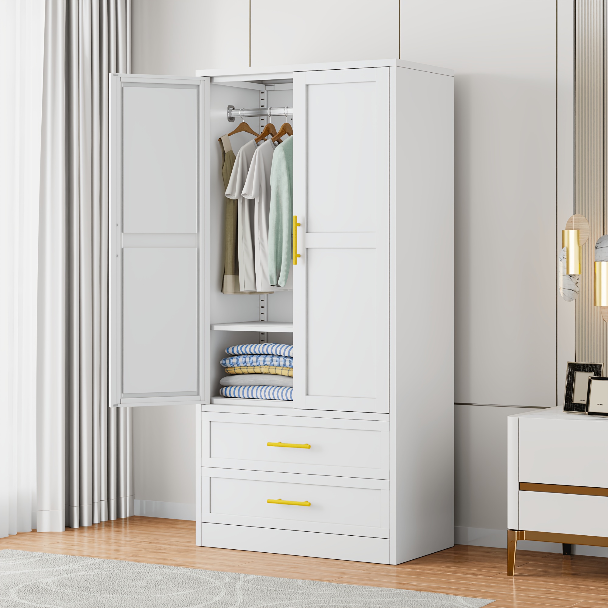 TEMU 71" Metal With 2 Doors, Hanging Rod, 2 Drawers And Adjustable Shelf - Clothing Storage Cabinet For Bedroom, Gym, Cloak Room