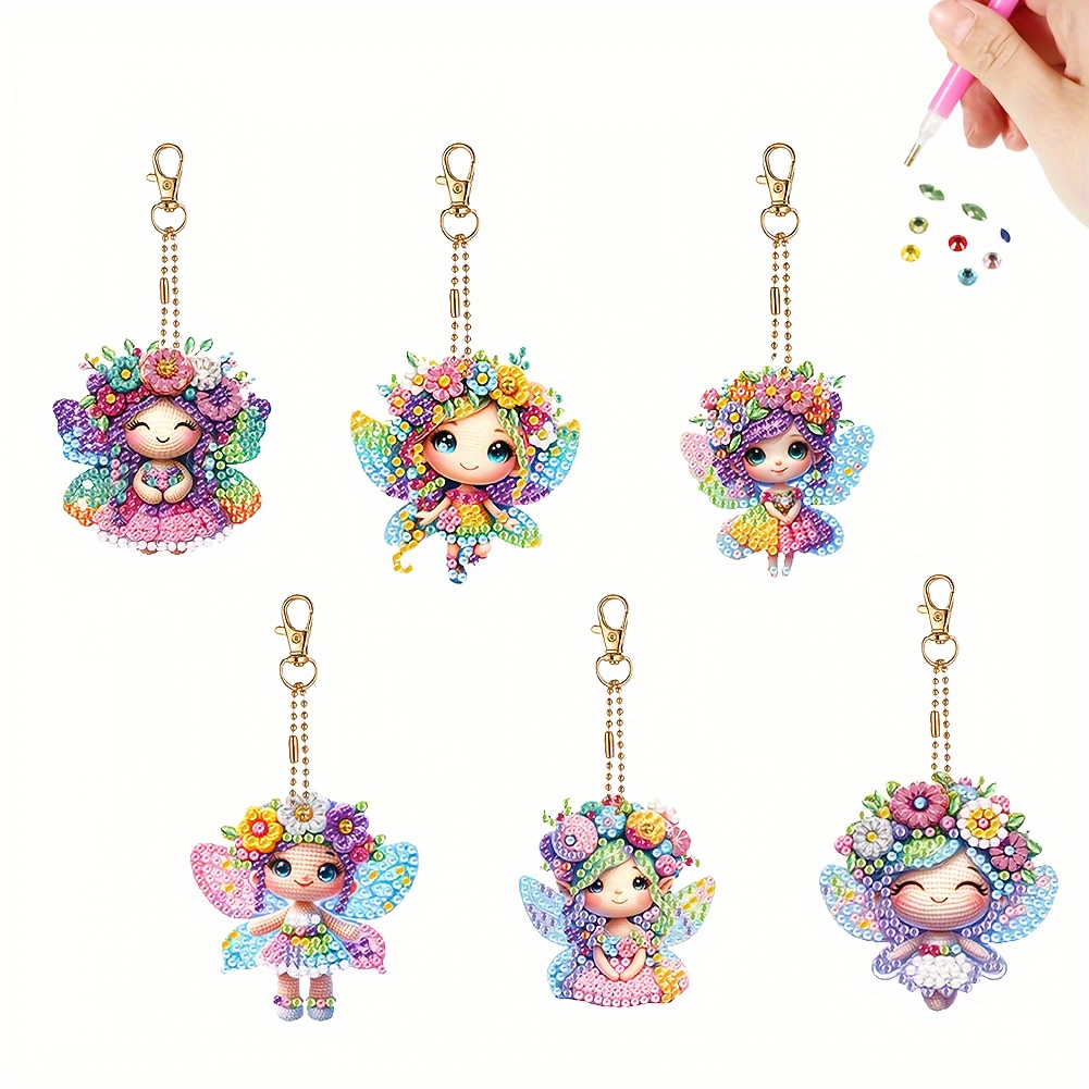 

6pcs Diy Diamond Painting Keychain Kit - Flower Fairy Series, Sparkling Resin Craft Set For Women's Backpack Charms & Home Decor, Unique Handmade Artistic Mosaic Pendant Crafting Supplies