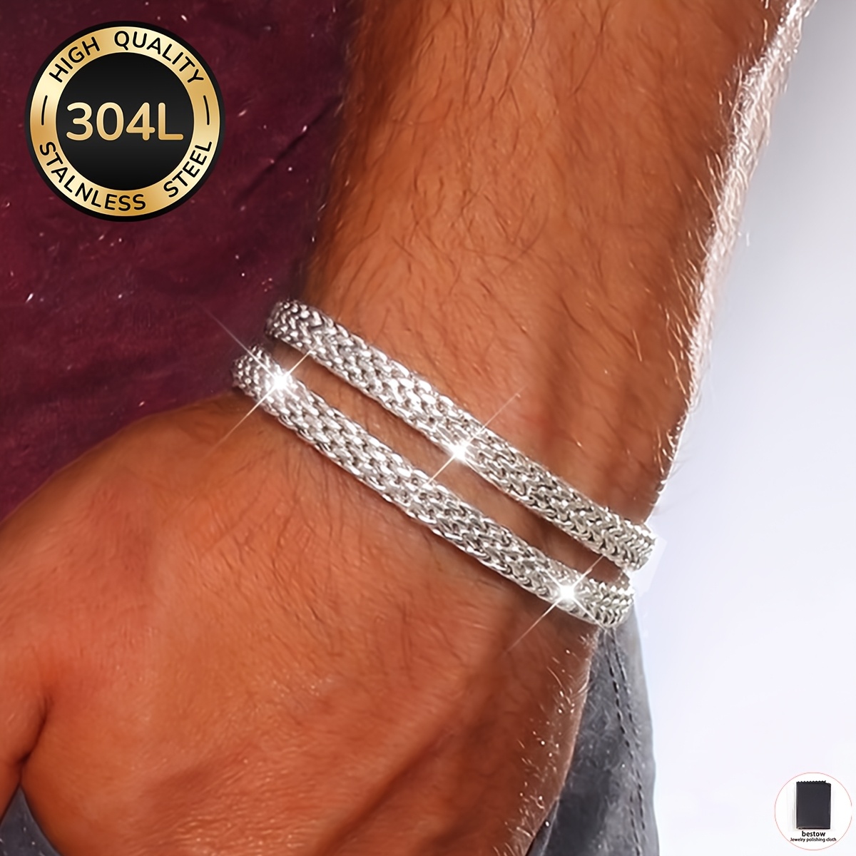 TEMU 2pcs Set Of 304l Stainless Steel Bracelet [+1pc Of Jewelry Cleaning Cloth], Waterproof And Non-fading, Suitable For Men. Men's Jewelry Set,