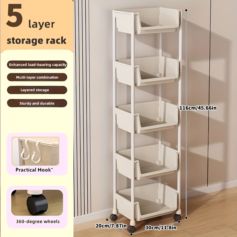 TEMU 3/4/5-tier White Rolling Storage Cart With Wheels - Durable Plastic Mobile Organizer Rack, Easy Assembly Space-saving Shelf For Kitchen, Living Room, Bedroom, Office, Saver, Open Shelving Unit