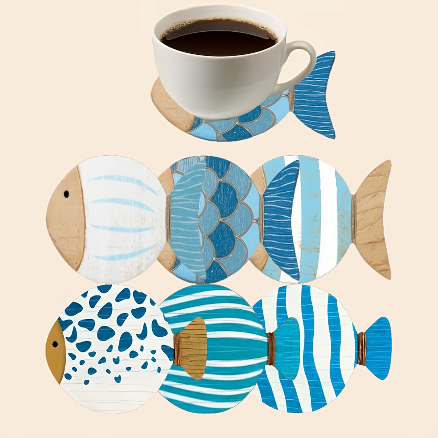 TEMU 6pcs -shaped Wooden Coasters - And White Pattern, Heat Resistant, Ideal For Coffee And , Home, Bar, Or Office Decor, 10 X 12.4cm / 3. 4.88in