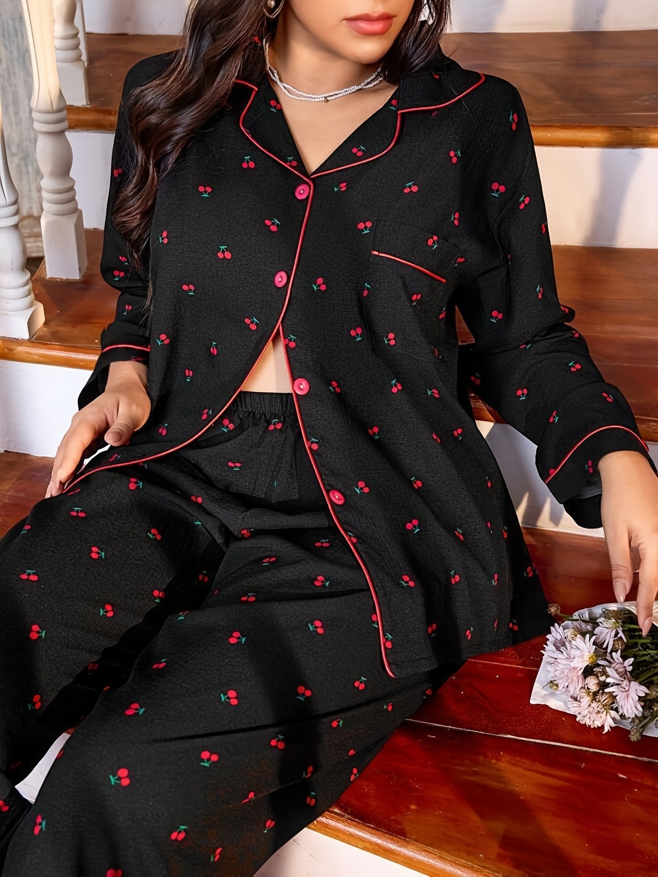 2pcs printed cherry comfortable long sleeve long pants loose lapel casual pajama set