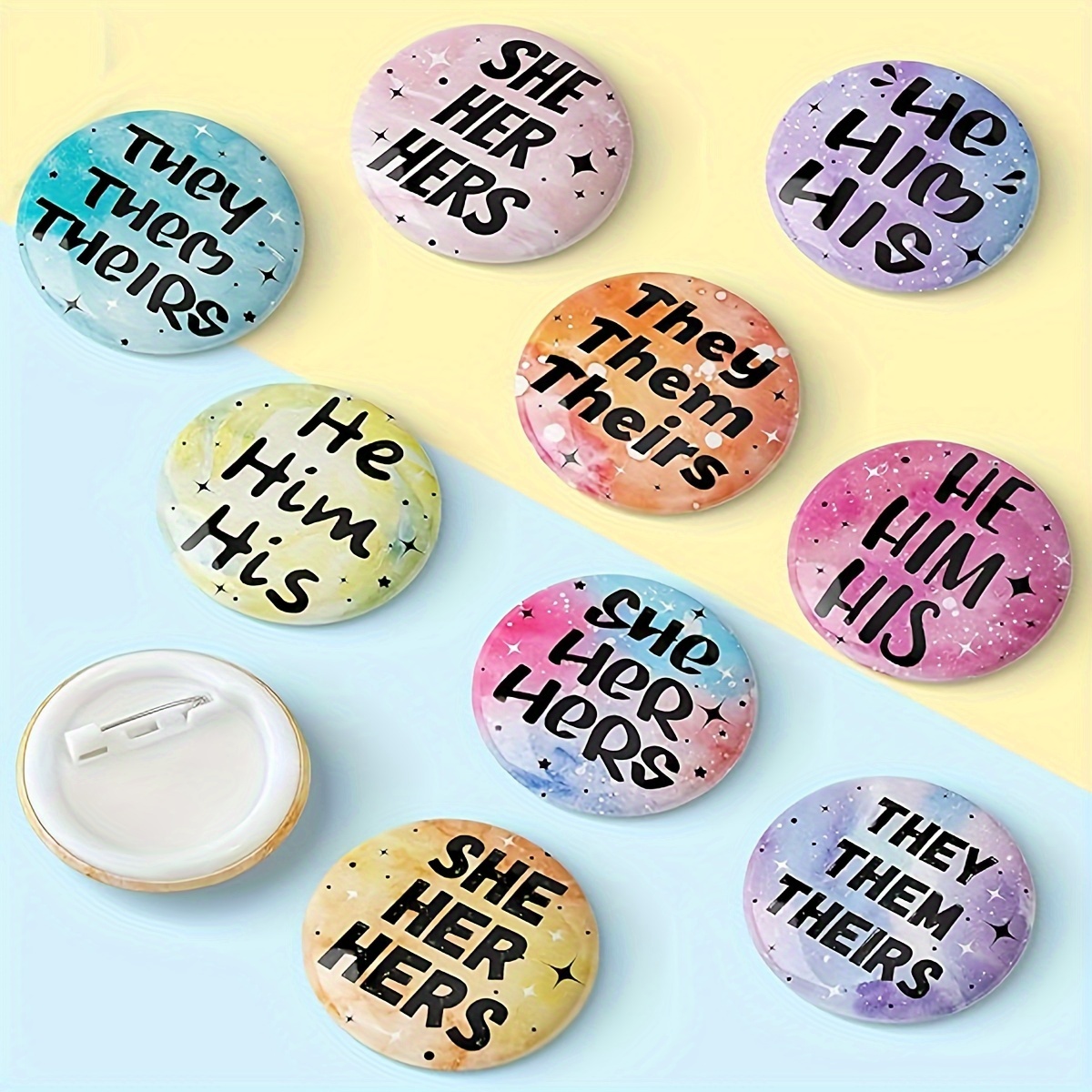 

Gender Pronoun Badges: 24 Pieces, 1.5 Inch, Metal, Suitable For 14+, No Feathers, Party Favors