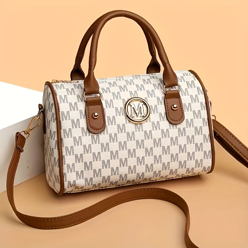 TEMU Elegant Women's Crossbody Bag With A Golden 'm' Logo - Made Of Lightweight Pu Material, Featuring An Adjustable Shoulder Strap And A Top Handle,