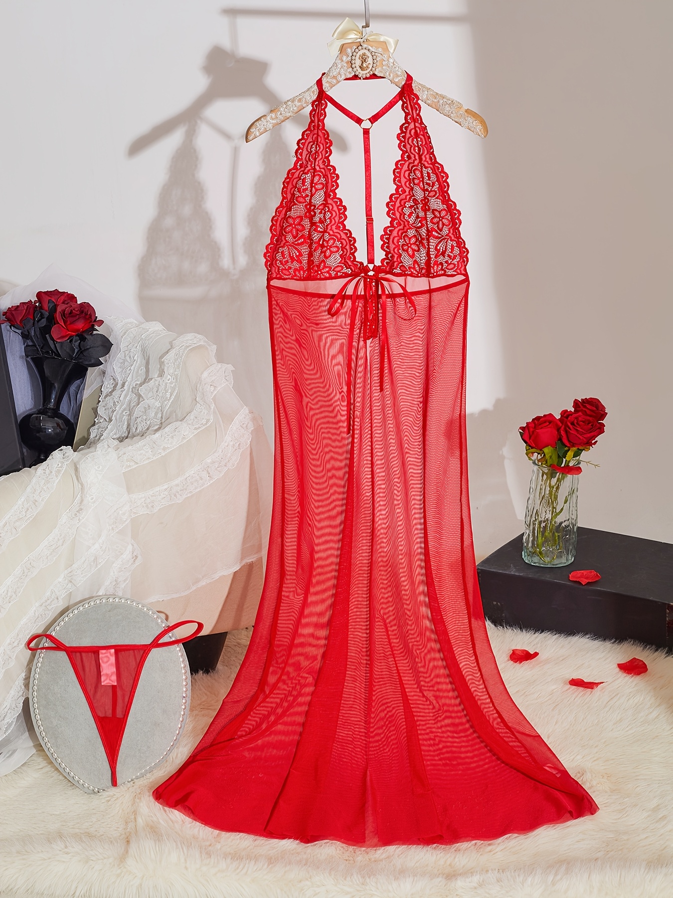 mesh long nightgown set halter floral lace deep v