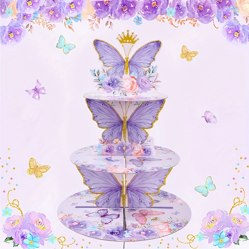 

3-tier Paper Cupcake Stand - Purple Butterfly Theme - Decorative Dessert Tower For Birthday, Wedding, Baby Shower - No-electricity Party Centerpiece Display For Baking Decorations - 1 Set