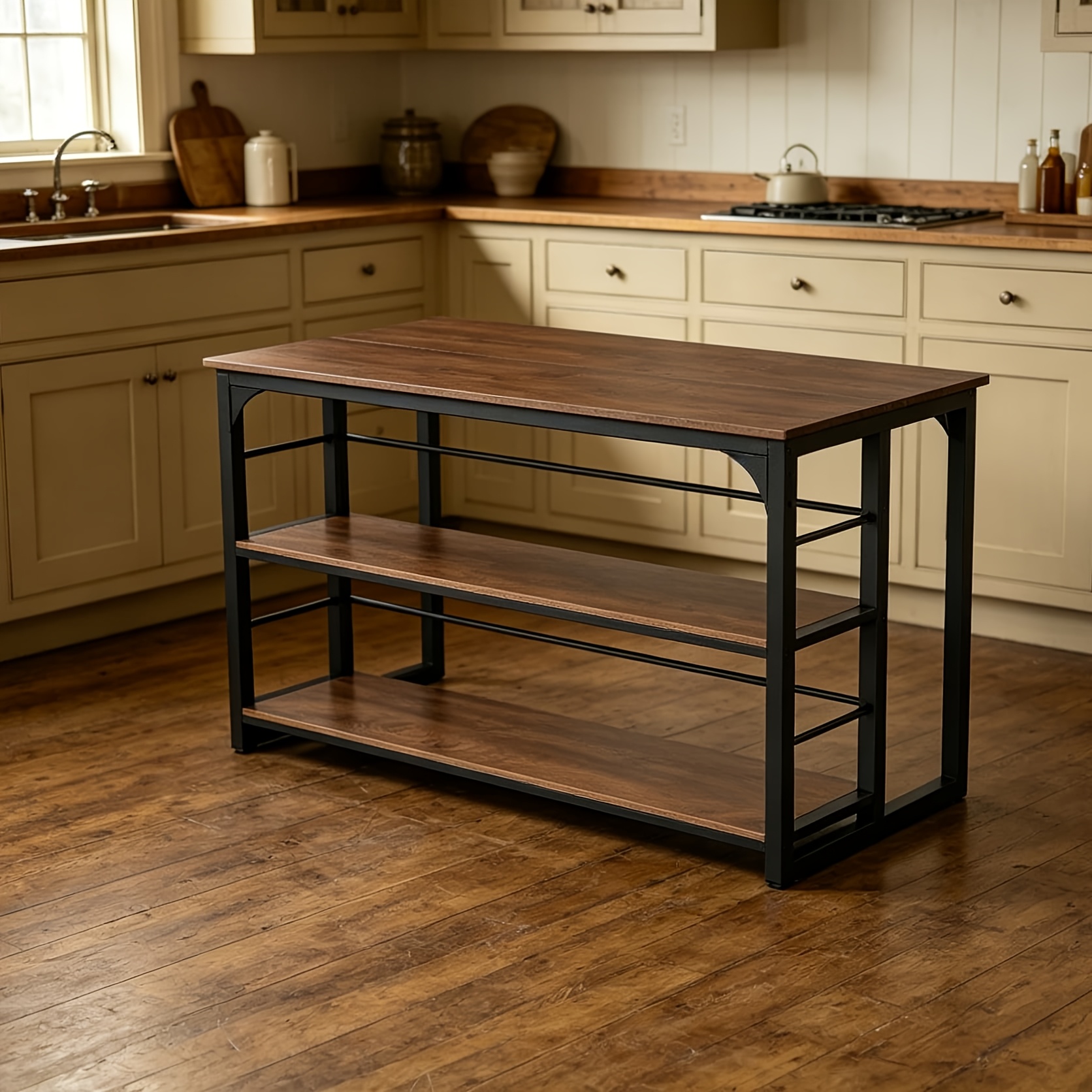 62.99-Inch Kitchen Island with Storage, 3-Tier Solid Wood Island Table with Open Shelves, Large Prep Table for Kitchen Dining Room, Rustic Brown