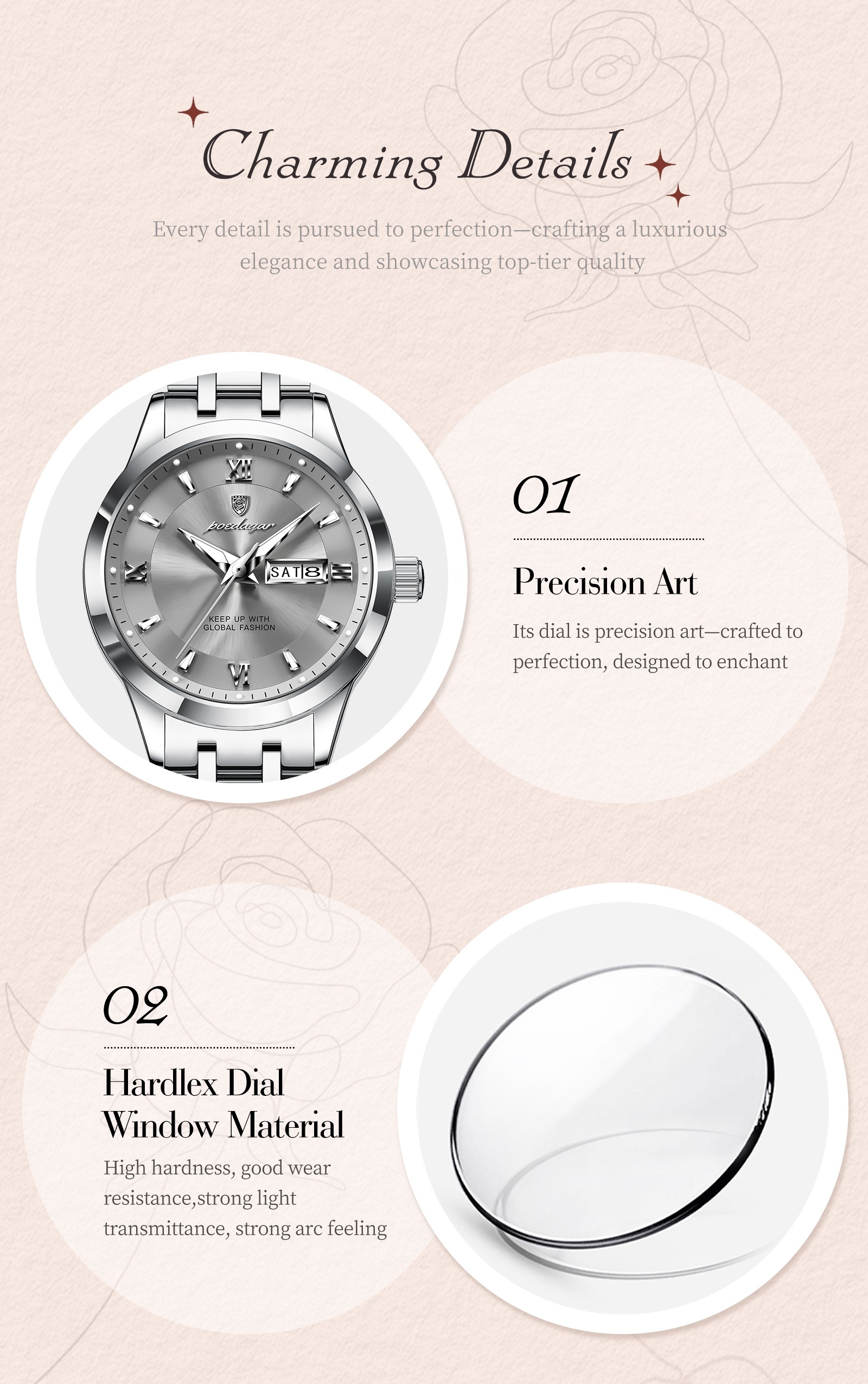 Ladies' Vintage Elegant Steel Strap Watch, Stainless Steel Quartz Wristwatch, Luminous Weekly Calendar Watch for Women