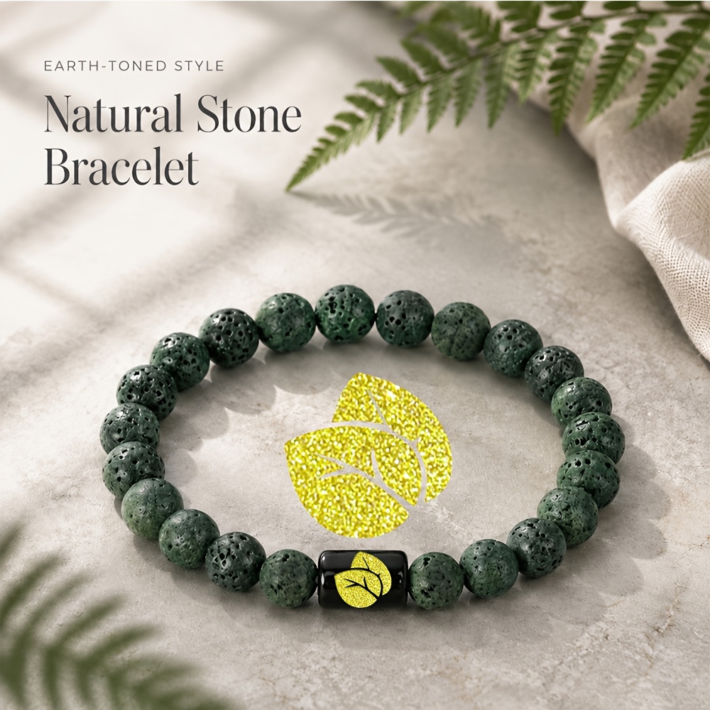 Natural Stone Beaded Bracelet with Golden Leaf Accent