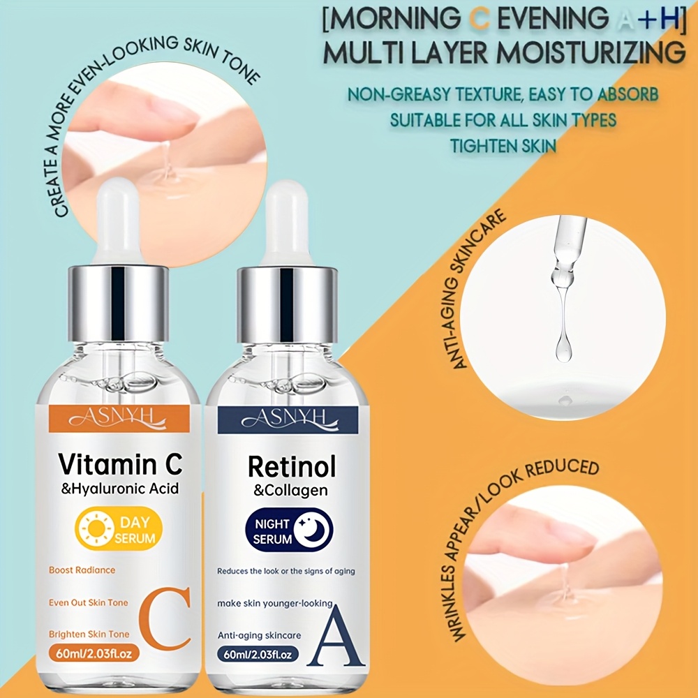 Essence Day & Night Set: 10% Vitamin C + 0.2% Retinol, Collagen, Hyaluronic Acid, Niacinamide | Brightens, boosts elasticity, 72H hydration, lightweight, non-greasy, unisex.