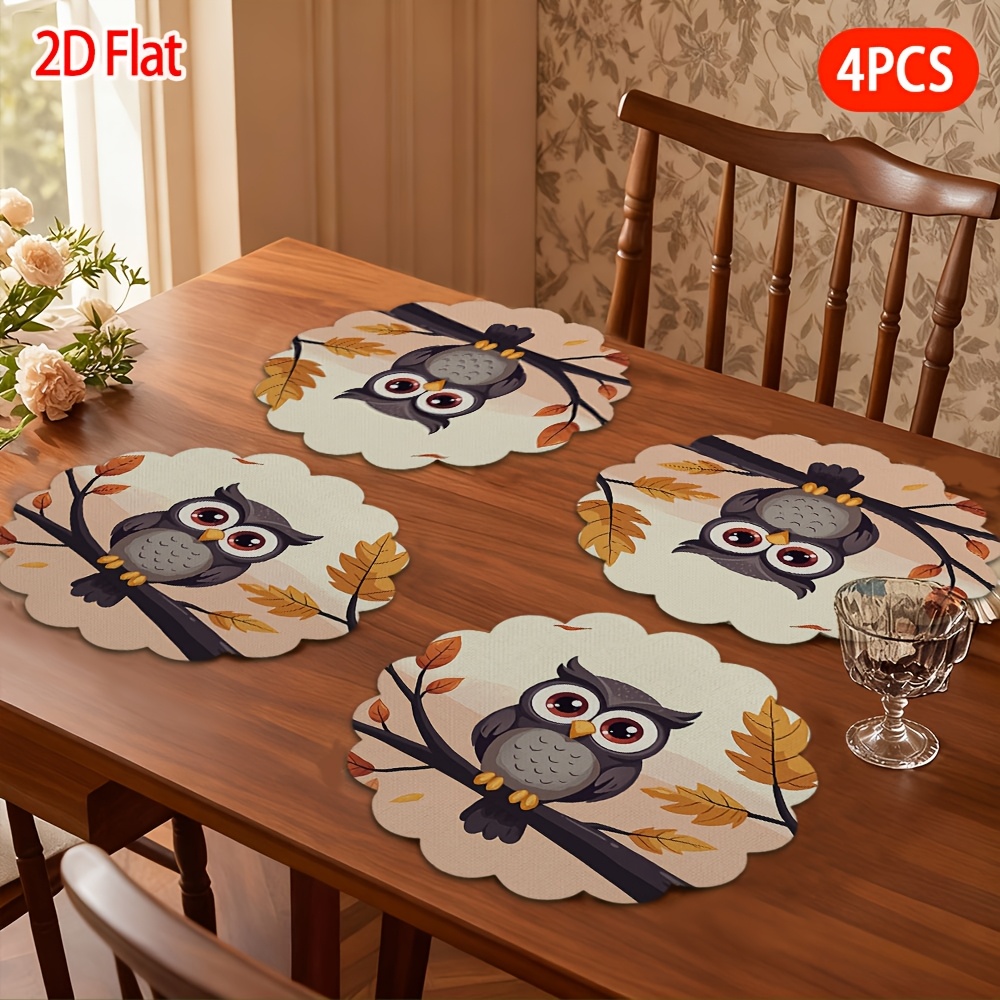 TEMU 2d Flat, 4pcs, Placemats, Autumn Owl Resting On Branches, Themed Lace Table Mats, Perfect For Easter Decoration, Valentine's Day Gift, Suitable
