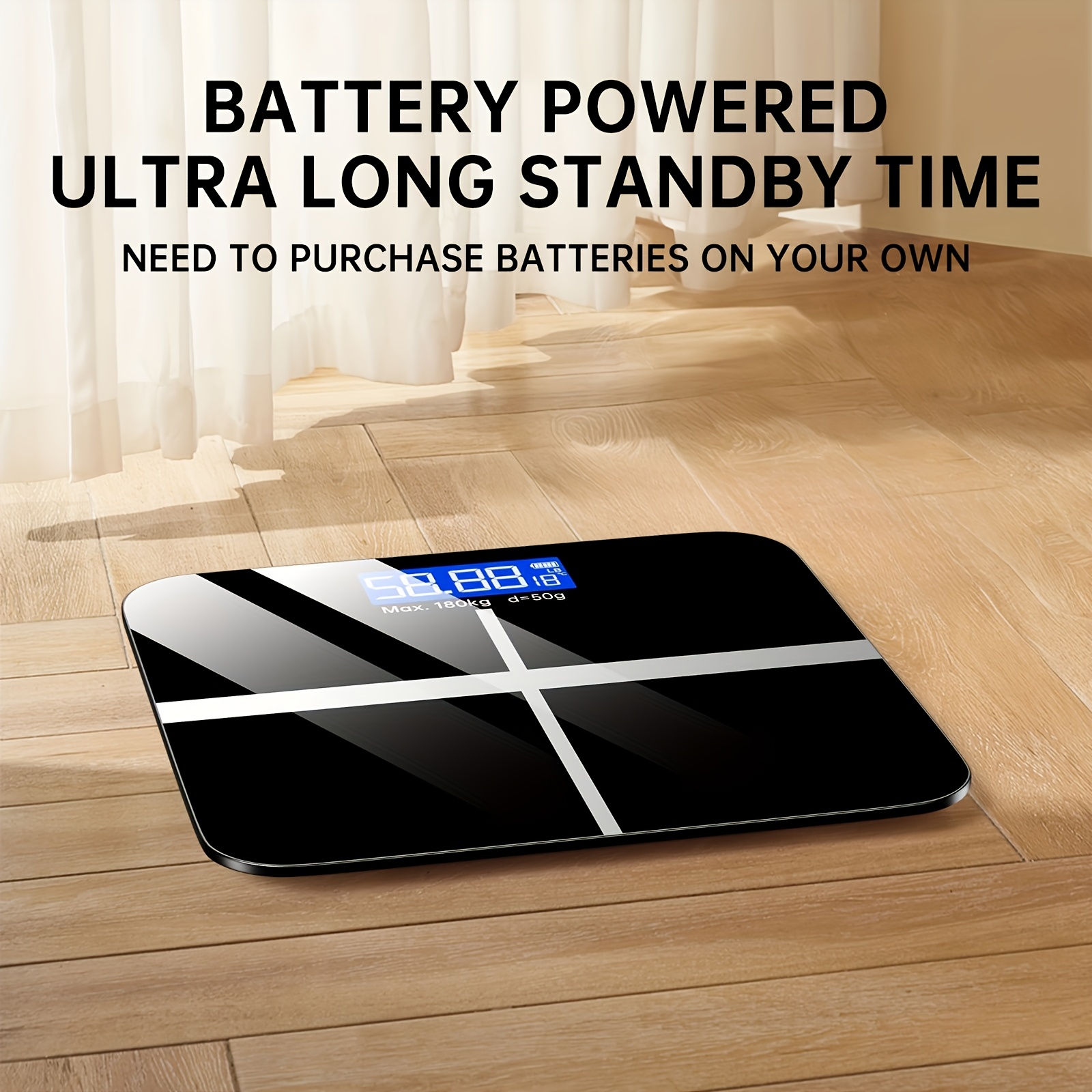 A Weighing Scale with a Capacity of 396 Pounds/ 180 Kilograms Equipped with an LED Backlit Display Screen and Tempered Glass, Designed Specifically for Personal Weighing. This Compact Scale Is Suitable for Home and Fitness Use, and Is an Ideal Choice