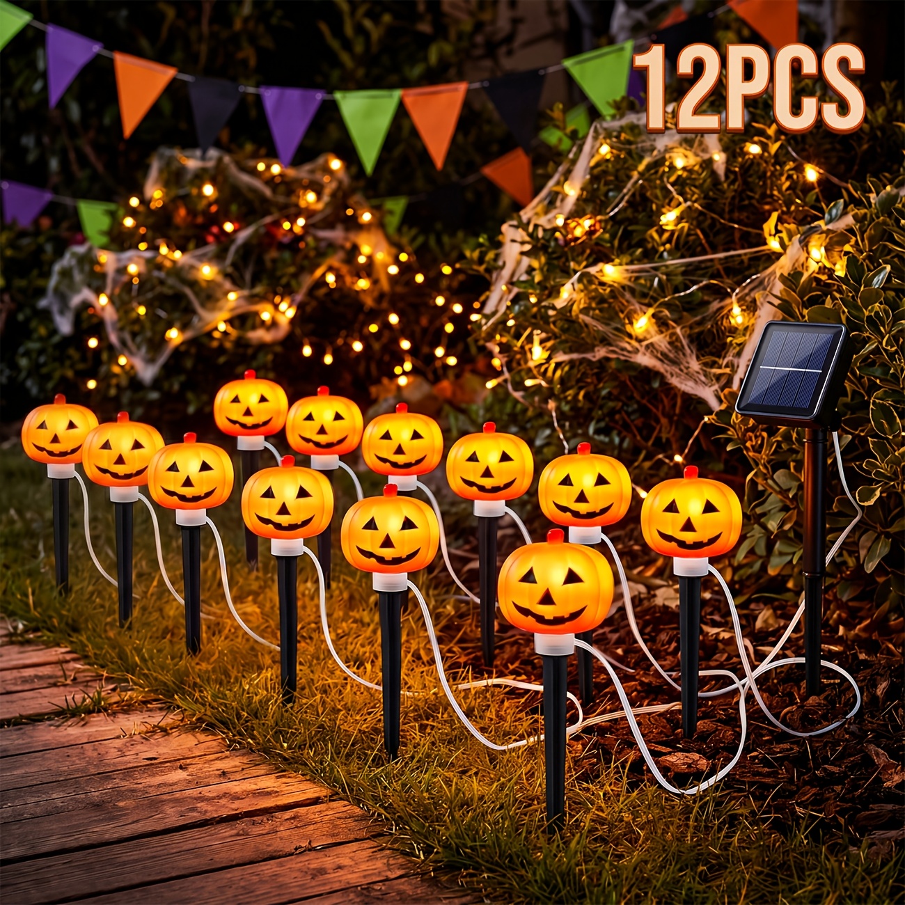 TEMU (12pcs) Halloween Solar Pumpkin Stake Lights, Holiday Decor, Ip44 , Outdoor Lawn Garden Porch Party Decorative Lights, 8 (including