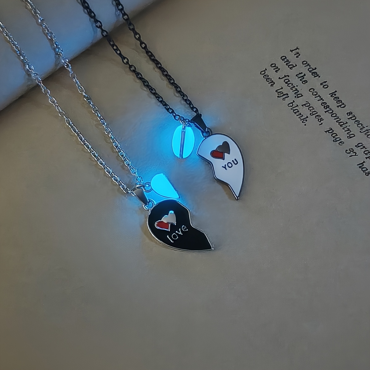 TEMU 2pcs/set Luminous Heart-shaped Interlocking Love Pendant Couple Necklace For Ladies, Fashionable For Valentine's Day, Anniversary, Proposal Or