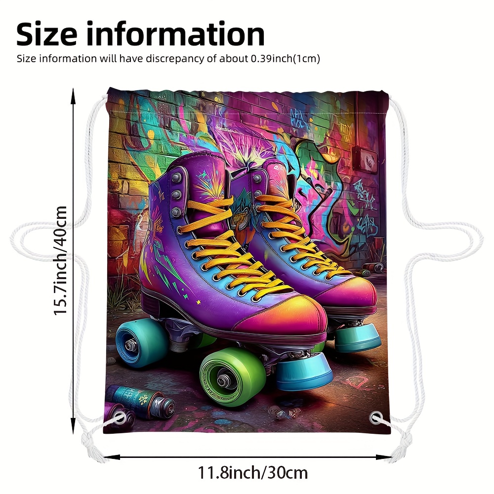 TEMU 1pc Roller Skate Backpack With Neon Roller Skates Design - Soft Shell Lightweight School Bag, Drawstring Closure & Multiple Pockets - Gym,