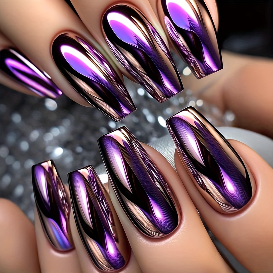 TEMU Améliorez , 24pcs Faux Ongles Ballet Moyens, Design d'Ongles Or Purpuré Magique Vent Chaud, Couverture Complète d'Ongles Artificiels Brillants