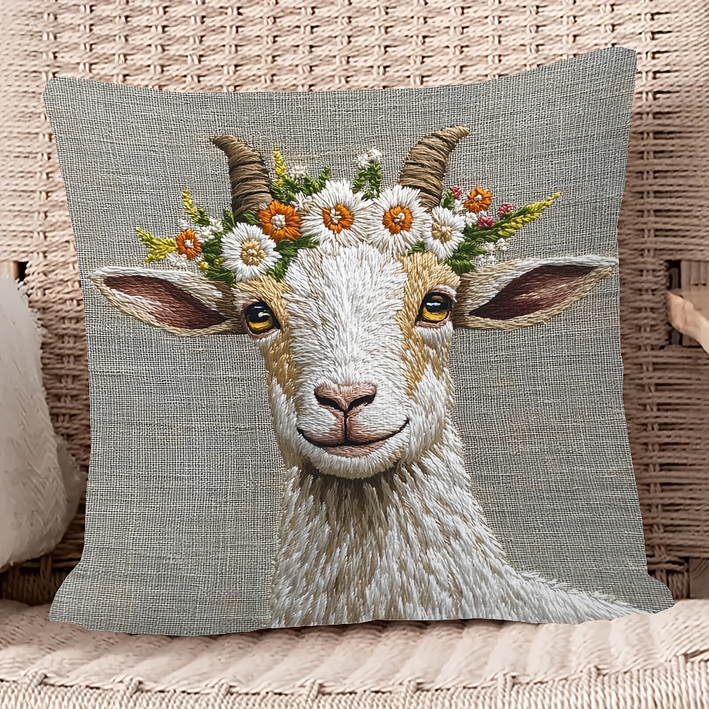 

1pc 18x18 Inch Two-side Short Plush Pillow Cover, Goat With Flower , Farmhouse Style, Ideal For Sofa And Bedroom Decor, Hand Wash Only - Excludes Embroidery, Party Decorations, Pillow