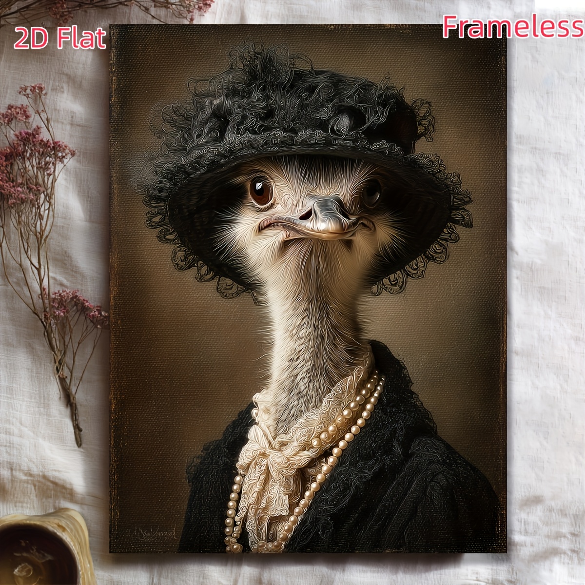 TEMU 2d Flat, 1pc Victorian Ostrich Portrait Canvas Art - Gothic Victorian Ostrich Painting Black Lace Hat & Jewels, Elegant Animal Decor -