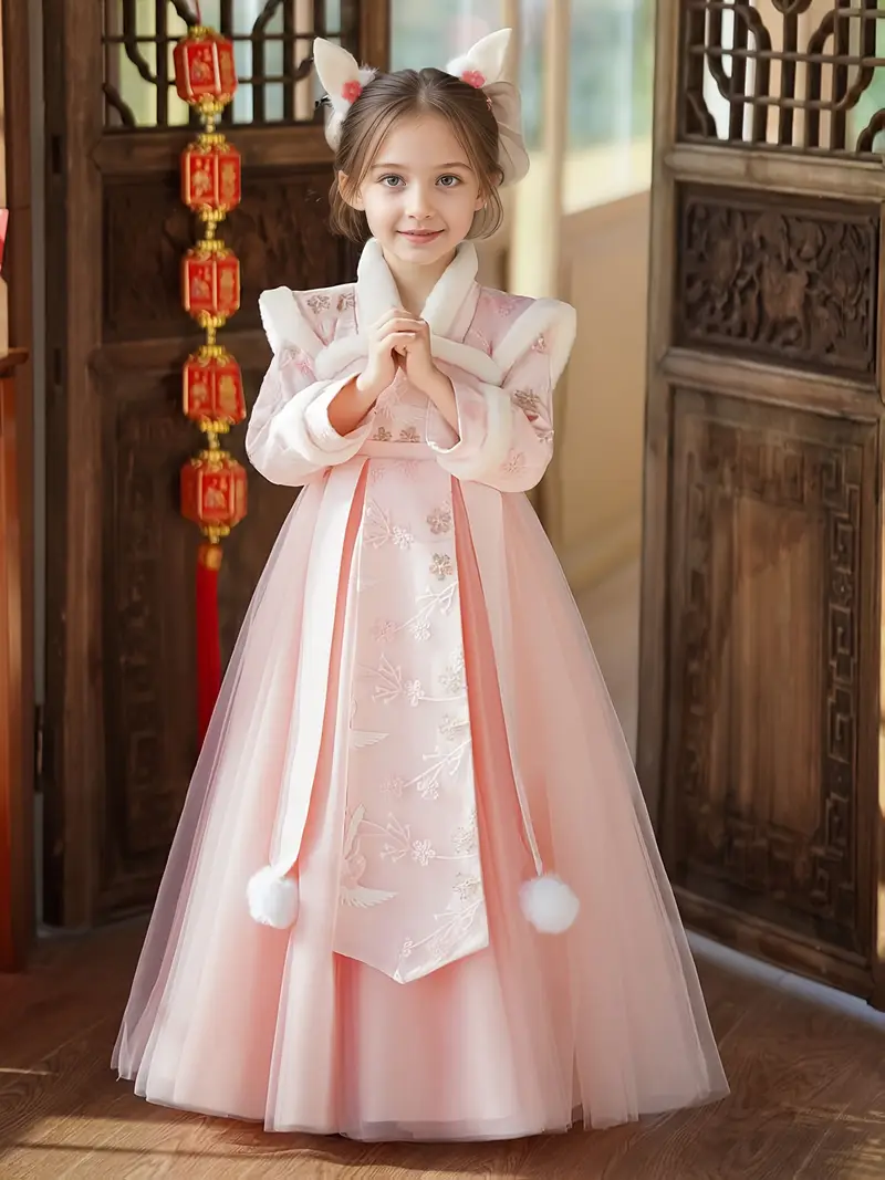Girls' Winter New Year Greeting Princess Dress, Little Girl's High-End Formal Gown, Piano Performance Dress Girls' Winter New Year Greeting Princess Dress, Little Girl's High-End Formal Gown, Piano Performance Dress