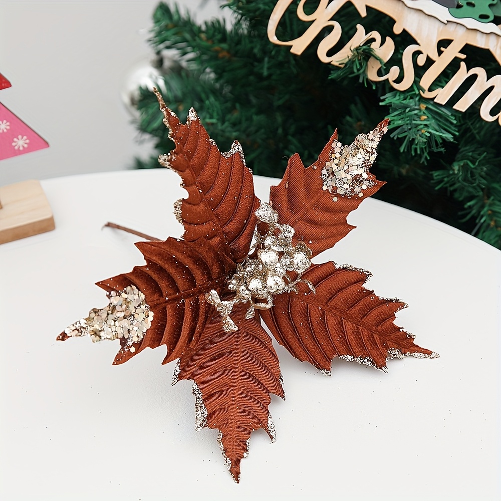 TEMU 6pcs Christmas Tree Flower Ornament Glitter Poinsettias Flower Picks Fake Brown Flowers Ornaments For Christmas Tree Wreath Garland Wedding