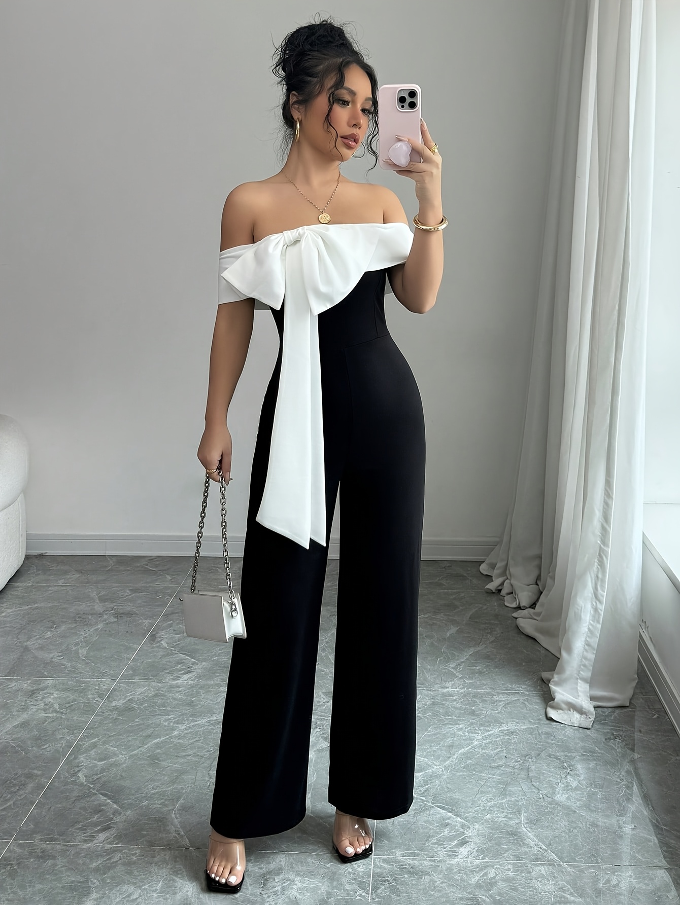elegant shoulder jumpsuit women chic black block Temu South Africa