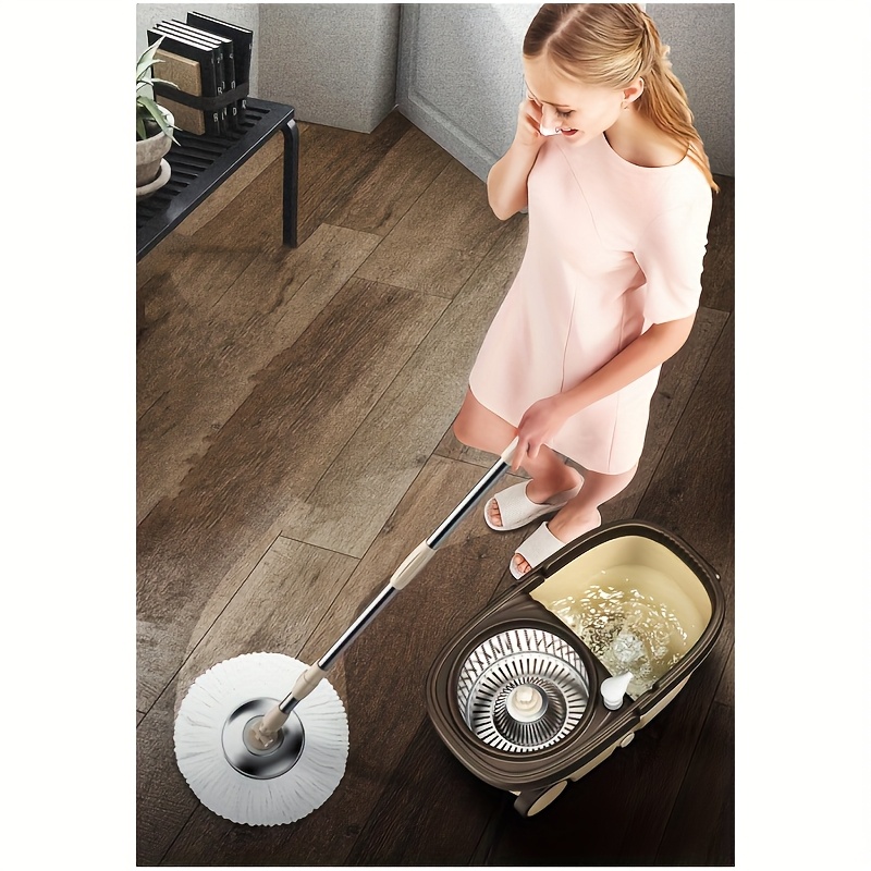 deluxe swivel mop and bucket set hands free wet and dry use   dust and dirt cleaning adjustable mop handle machine washable head with multi scene use for home kitchen bathroom floors living room bedroom toilet and outdoor spaces details 1