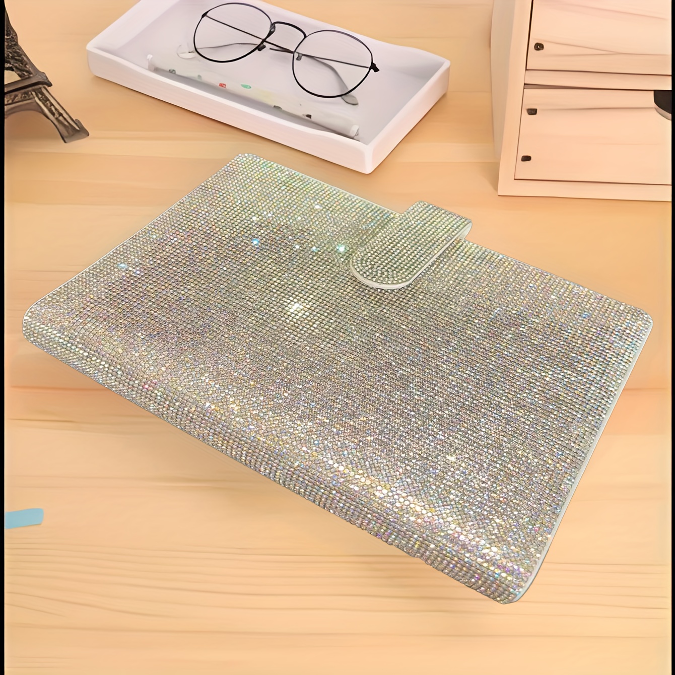 

Shiny Diamond-decorated A5 D-ring Removable Notebook With Pu Leather Cover, Multi-card Slots, And Dual Pen Holders - Office Supplies