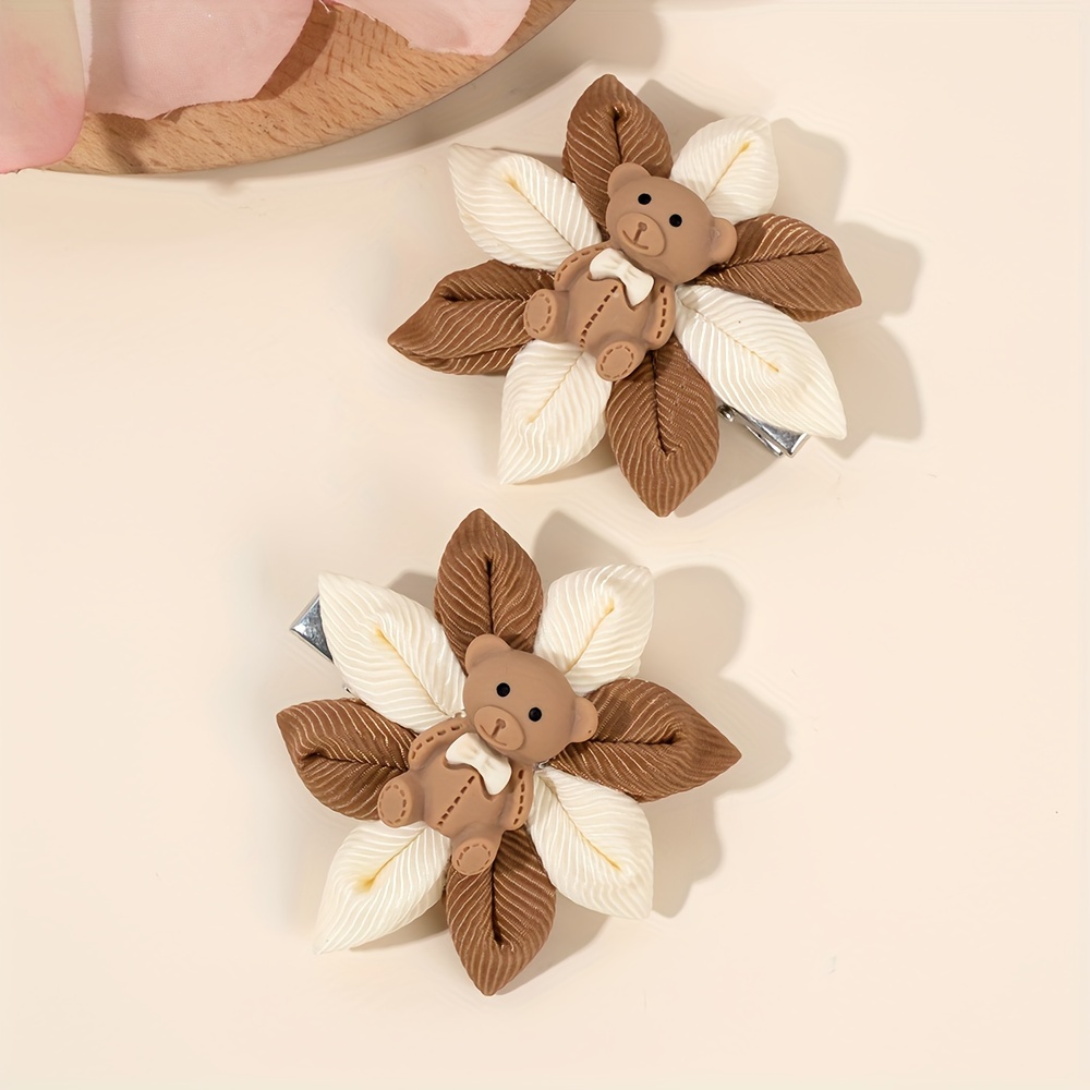 

2pcs Polyester Mixed Color Bear Flower Hair Clips - Cute Fashionable Hair Accessories For Teens And Adults Over 15 Years Old