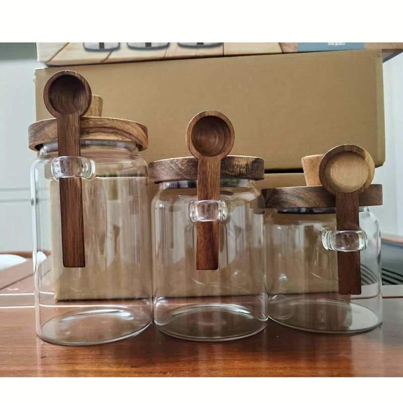 Image of 3 Sets High Borosilicate Glass Spice Container With Wooden Lids And Spoons Airtight Salt Sugar Pepper Storage Jars For Kitchen And Outdoor - Seasoning Jars For Home