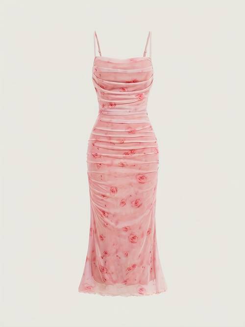 pink floral ruched midi dress elegant spaghetti strap style