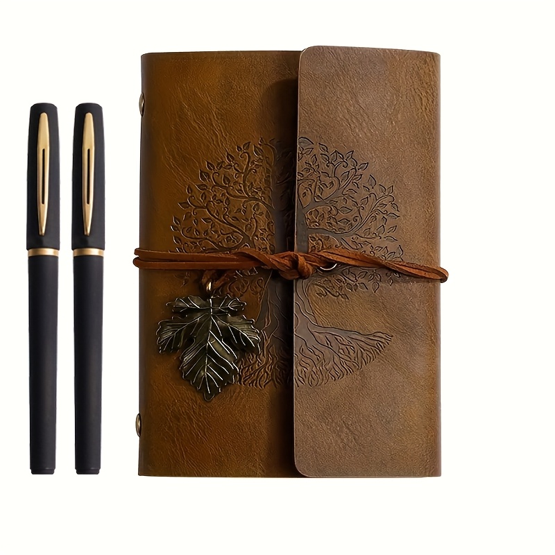 TEMU Ensemble de papeterie 3 pièces, cahier spiralé vintage et 2 stylos noirs et dorés tendance, avec motif d'arbre fantaisiste - Cuir PU, journal de