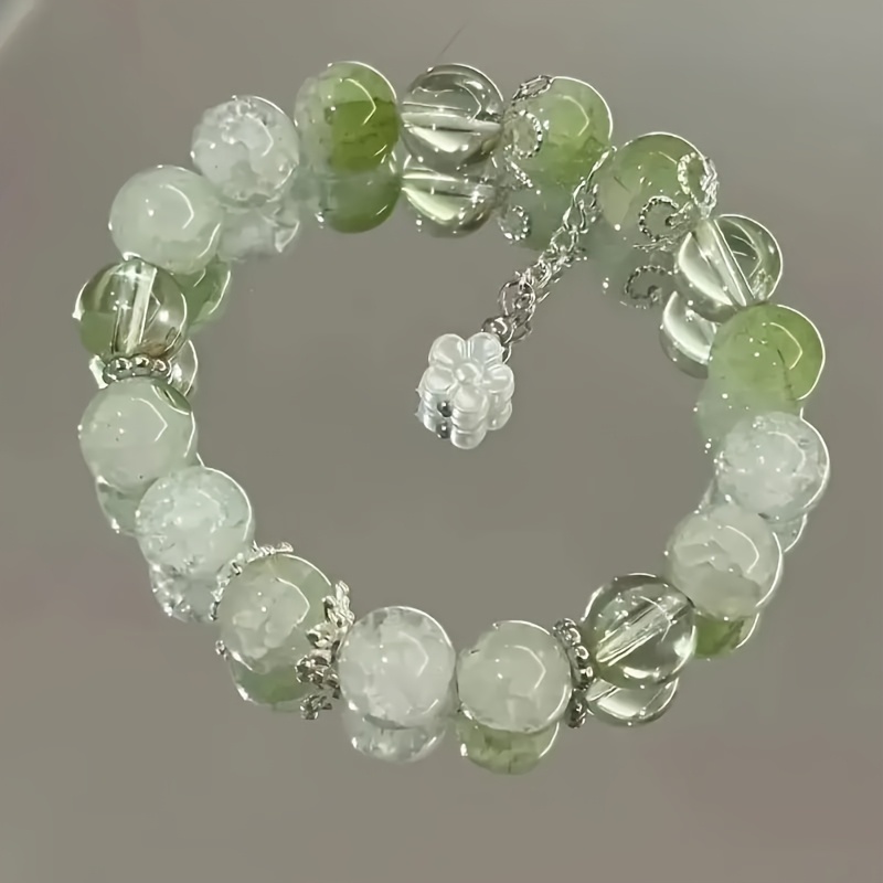 TEMU Pulsera floral de limón para mujer con cuentas verdes combinadas con detalles florales blancos, joyería para a día, accesorio elegante, diseño