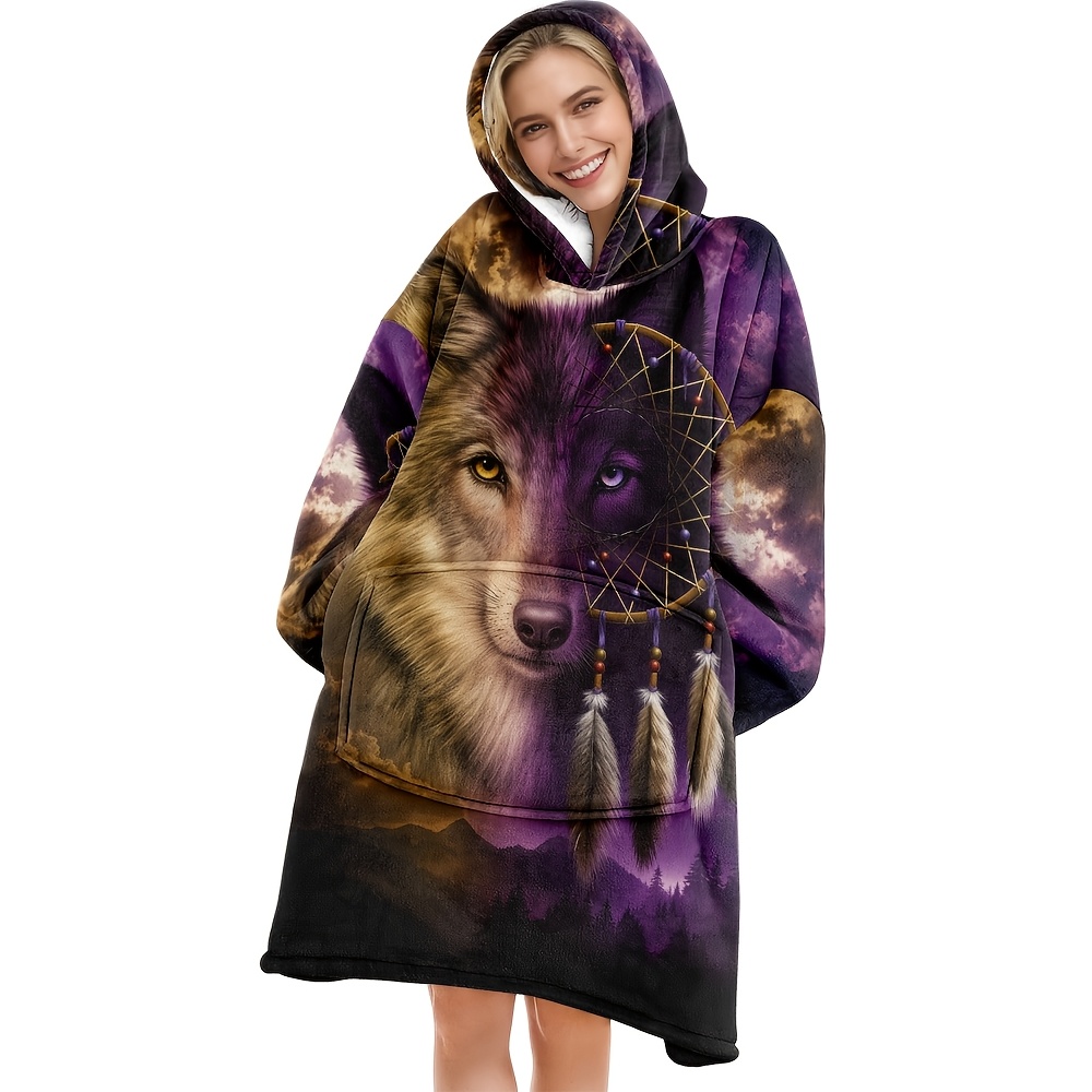 TEMU Hoodie Blanket, Wearable Blanket, Forest Night Wolf Shadow And Dreamcatcher Pattern Print Hooded Sweatshirt, Unisex Warm And Cozy Wearable
