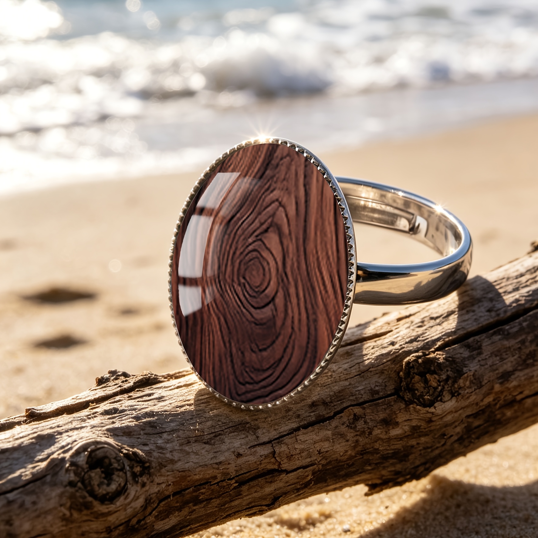 TEMU Anello ovale da 1 pezzo in acciaio inossidabile 316 con vetro e motivo a del legno a vortice marrone scuro, stile vintage per abbigliamento e da