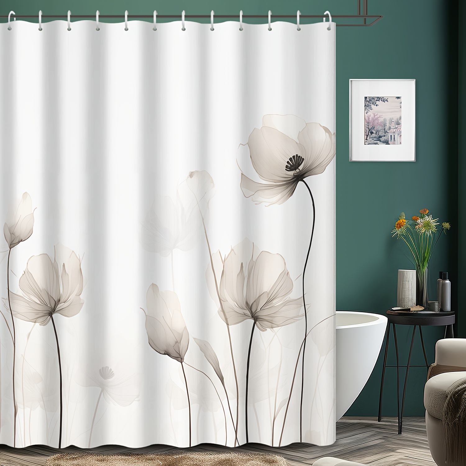 

1pc Minimalist Hand Drawn Floral Illustration, Grey And White Printed Shower Curtain, Waterproof Mildew Resistant, Perfect For Hotel Apartment Bathroom Decor, Wall Tapestry