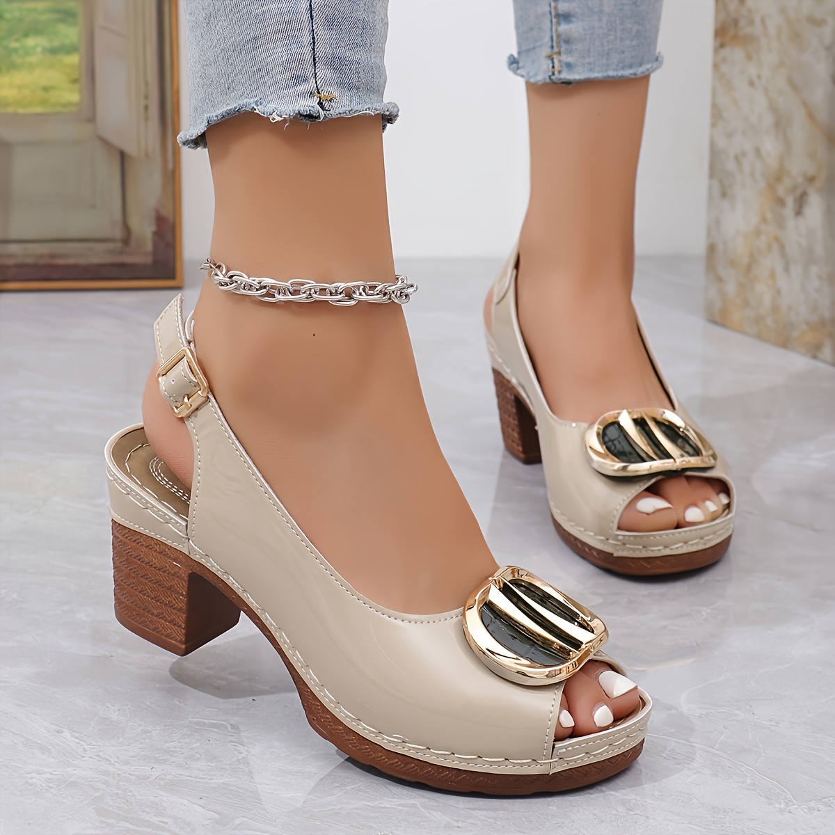 

1 Pair Fashion Summer Sandals For Women, Solid Color Open Toe Block Heel Pumps With Closure, Pu Upper/inner/sole/insole, -strap High Heels For Dresses