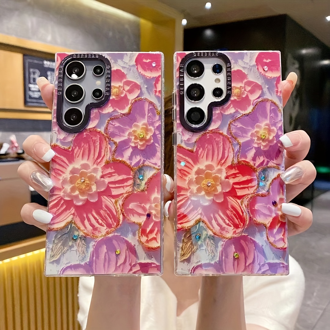 

Floral Rhinestone Oil Painting Design Phone Case With Large Lens Frame Protection, Full Coverage Anti-slip Tpu Cover For Samsung Galaxy S24 Ultra/s24 Plus/s24/s23/s23+/s23 Ultra