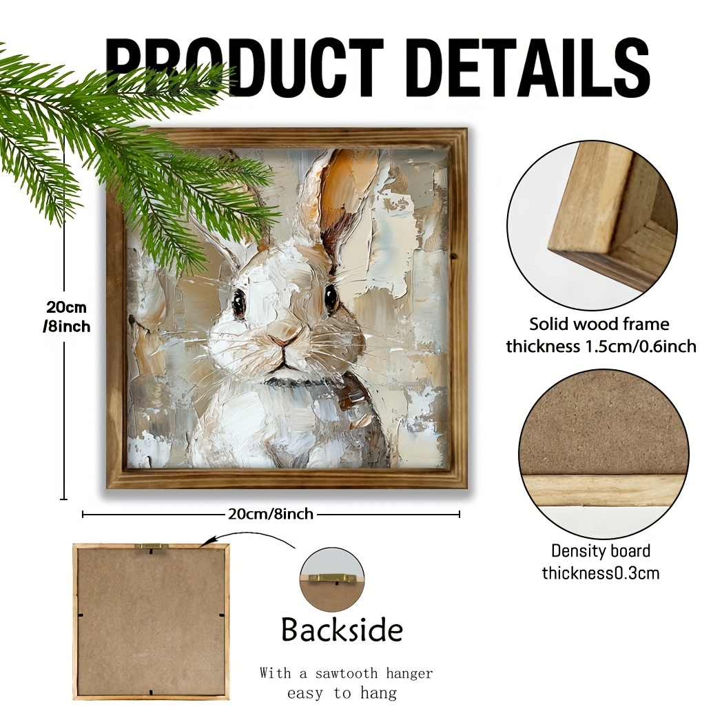 TEMU 2d Flat, 1pc Rustic Wooden Framed Bunny Wall Art, 8x8 Inch Vintage Rabbit Print - Multipurpose Farmhouse Decor For Home, Cafe, Bathroom, Laundry