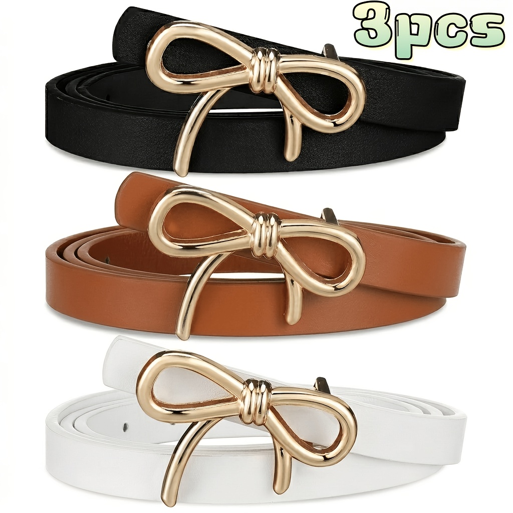 TEMU 3pcs Ceinture Slim pour Femme - Ceinture Ajustée pour Robes, Boucle Nœud Doré, Convient pour Robes, Pantalons, Jupes et Pantalons, Accessoire de
