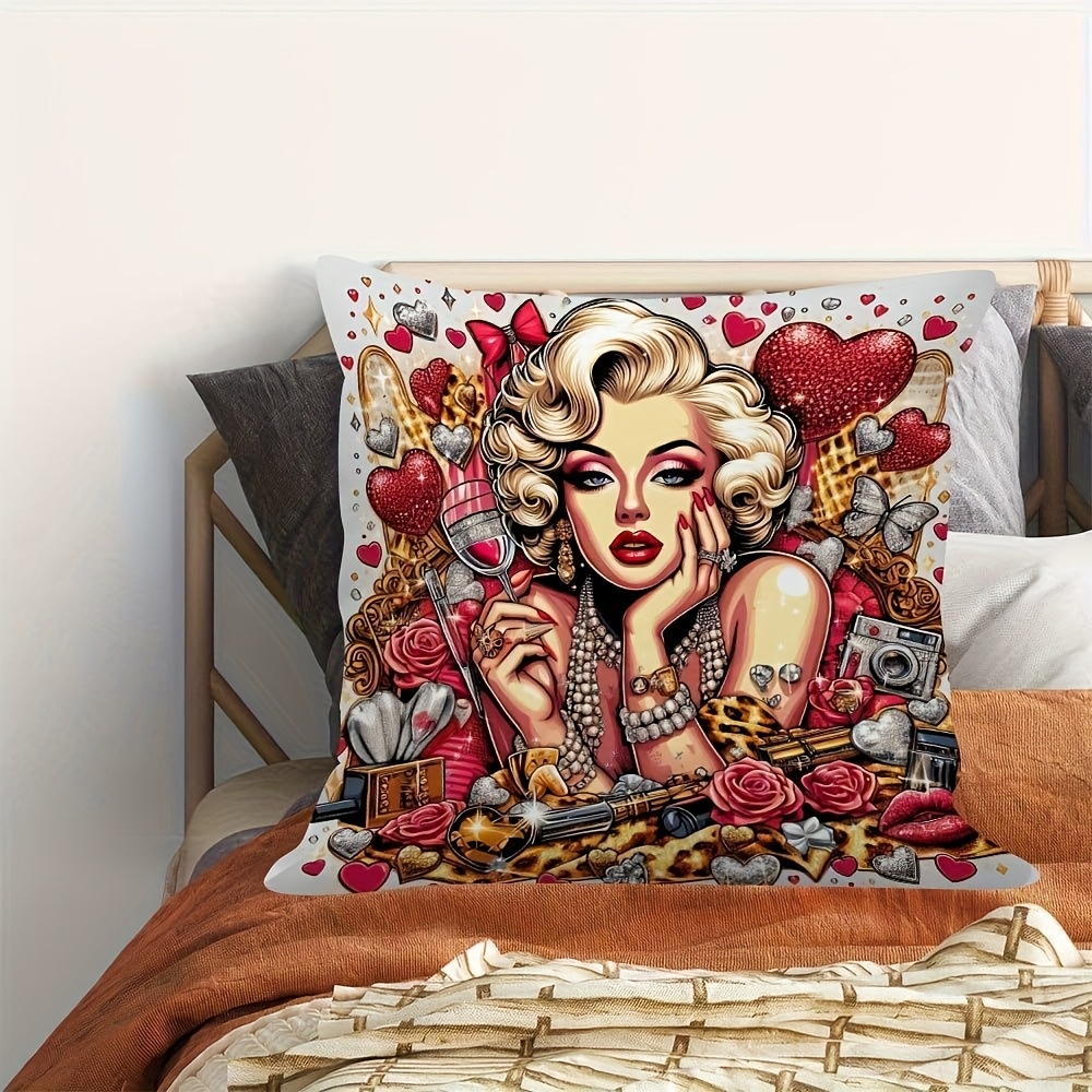 TEMU 1 Housse de coussin décorative vintage style Hollywood Sign, imprimée sur une face, 18X18 pouces, lavable en machine, peluche courte, fermeture