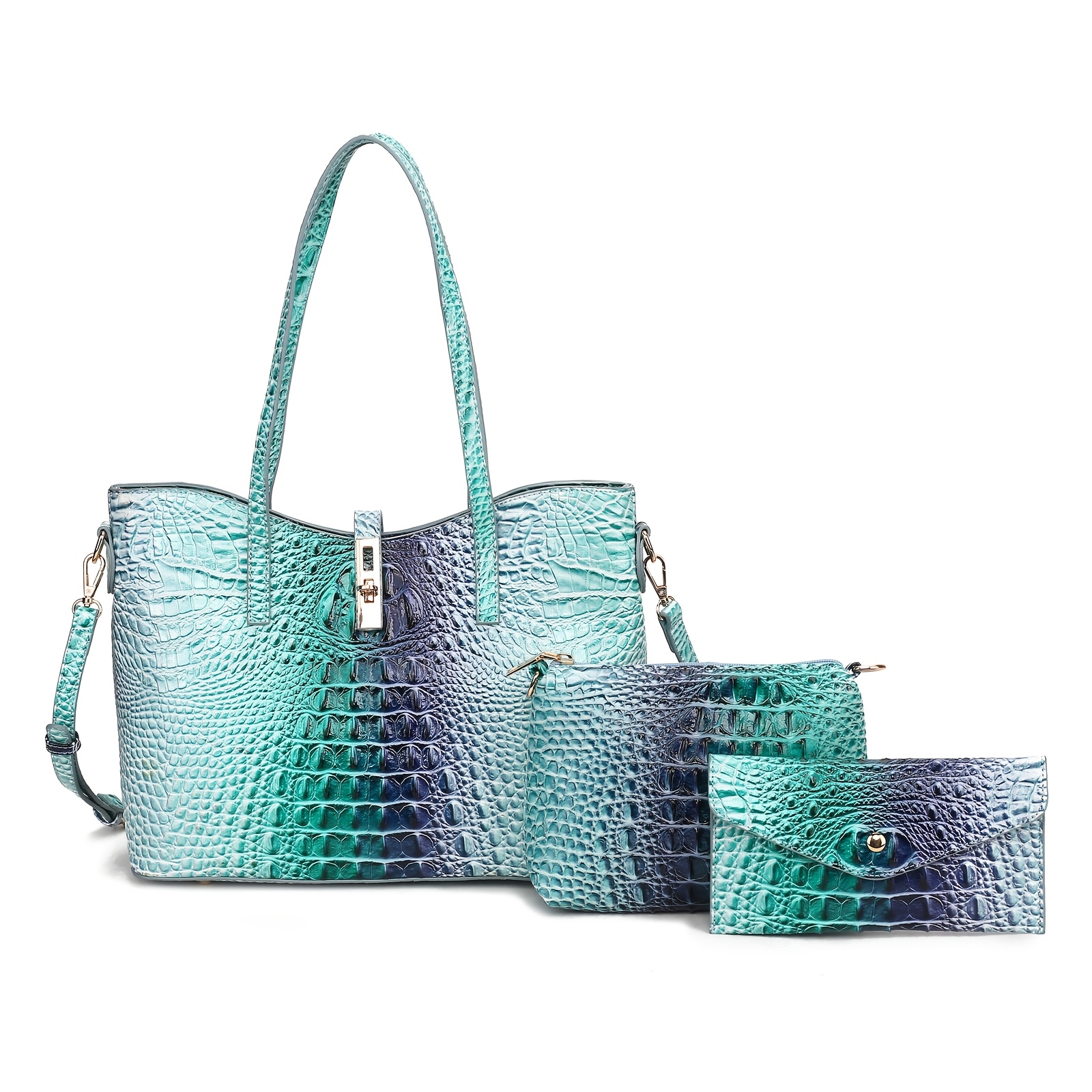 TEMU 3pcs Women's Tote Bag Set, Ombre Gradient Blue Green Crocodile Embossed Handbags, Large Capacity Shoulder Tote, Crossbody Purse And Matching