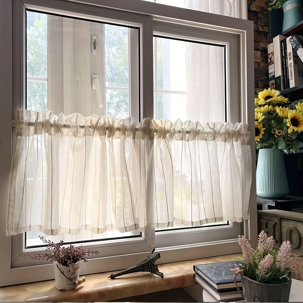 TEMU 1pc, -colored Japanese Pastoral Style Striped Semi-sheer Window Valance, Soft Fabric, Rod , Easy To Hang, Washable, Retro Minimalist Home Door