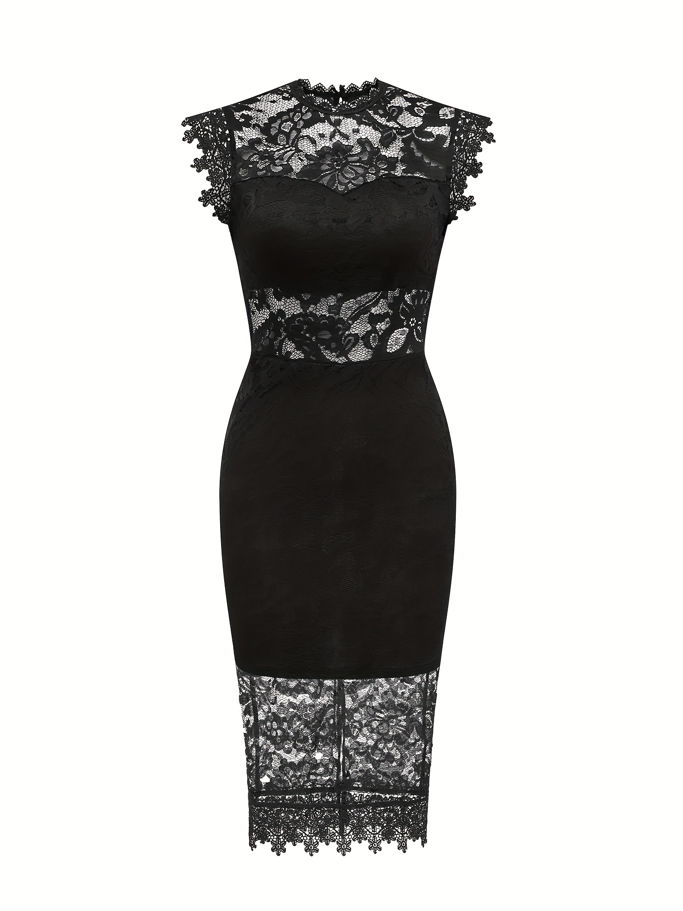 elegant black lace-trimmed bodycon midi dress with sheer overlay and floral  lace detailing, long sleeves, cinched waist for women - women's clothing -  Temu