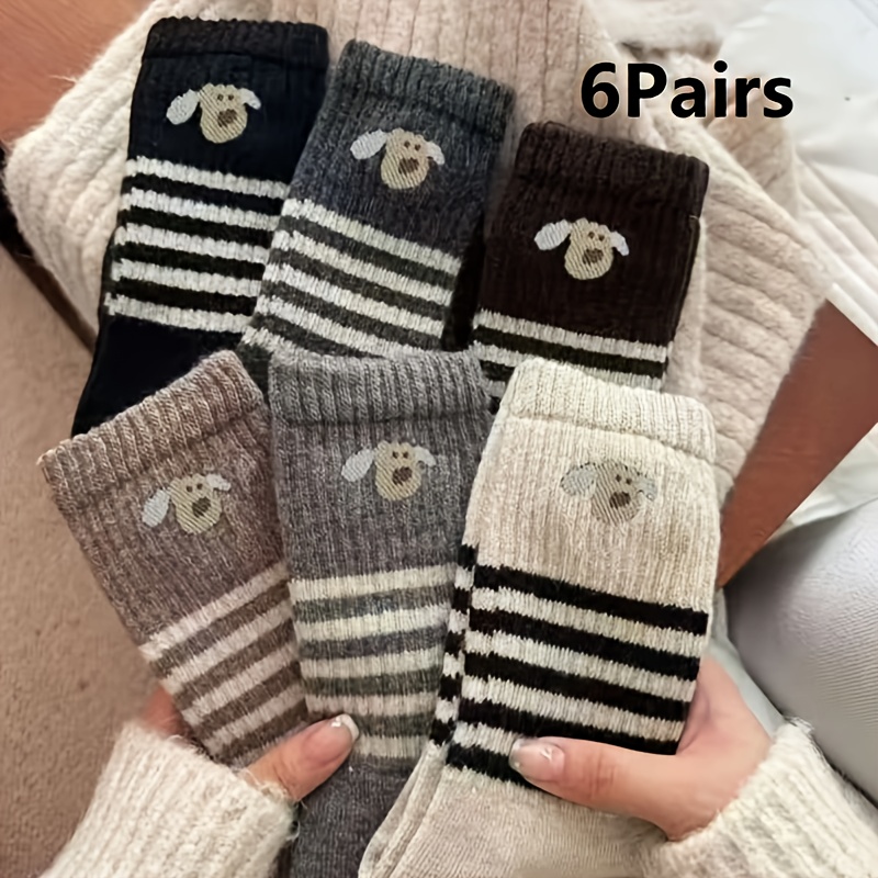 

6 Pairs Women's Knit Striped Socks With Cartoon Dog Embroidery, Polyester 95% 5%, Machine Washable, Warm Outdoor Casual Socks For Autumn/winter