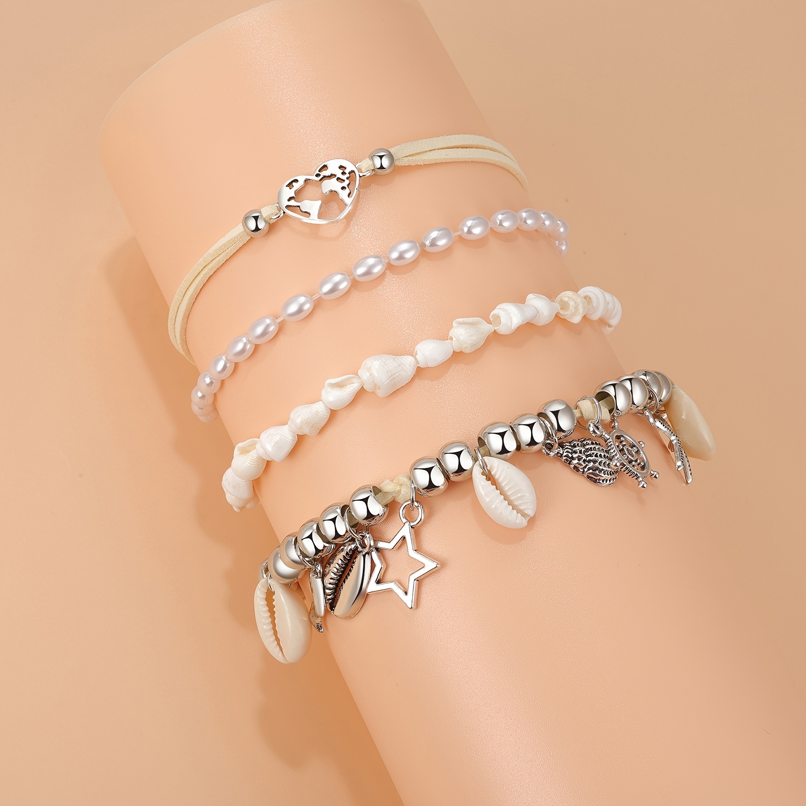 4pcs Set Bohemian Anklet, Adjustable, Stacked Or Worn Individually, Beach Style Pendant Bracelet, Foot Jewelry Gift
