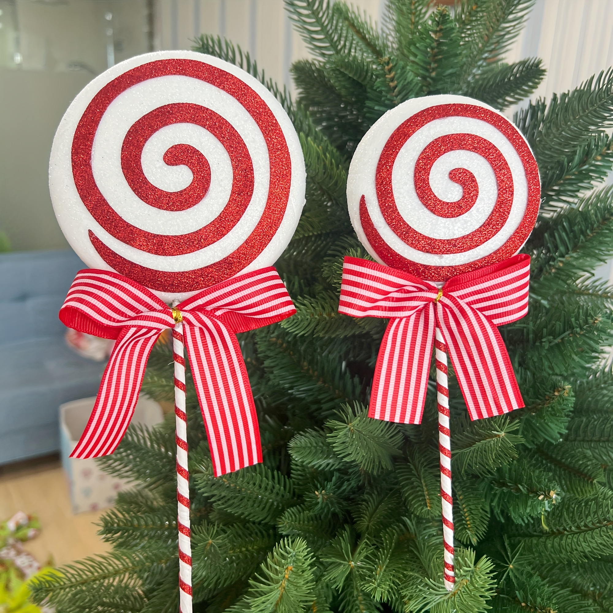 

Christmas Candy Cane Hanging Decorations, 2pcs Red And White Lollipop Ornaments With Striped Bow, Fabric And Non-electric, Festive Tree Topper For Home & Holiday Decor