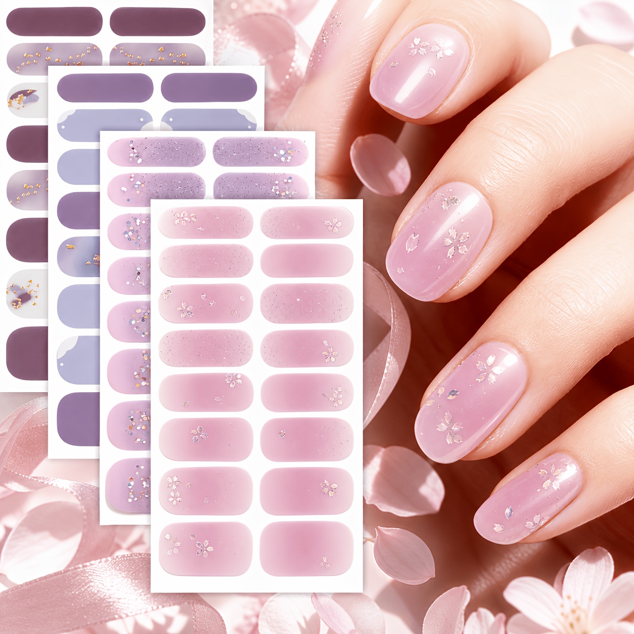 Image of 4 Sheets Full Nail Wraps, Spring Sweet Pink Gradient Glitter Nail Sticker Set, Soft Pink And Purple With Glitter , Sweet And Exquisite, Ladies And Daily Party Dating Diy Ideal Nail Supplies, Gifts For